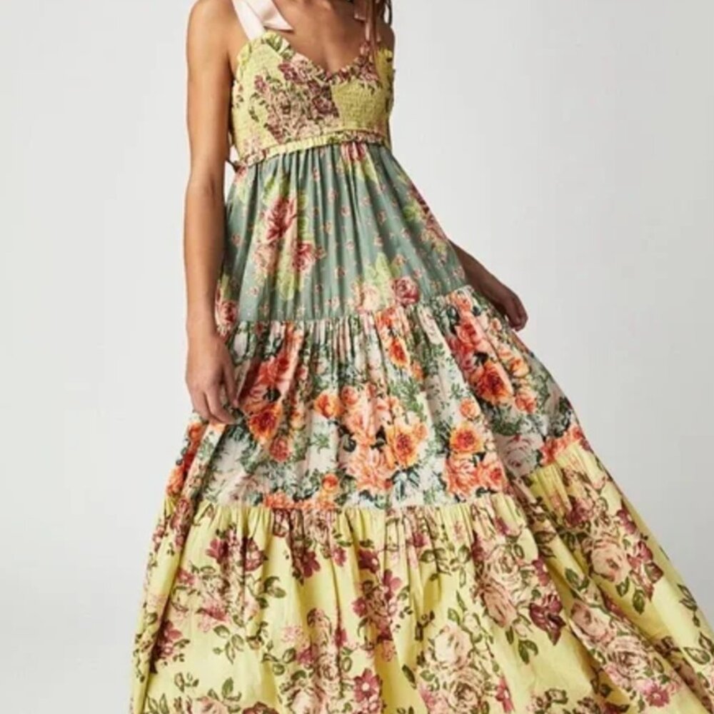 Free People Bluebell Printed Tiered Floral Patchwork Ribbon Tie Strap Maxi